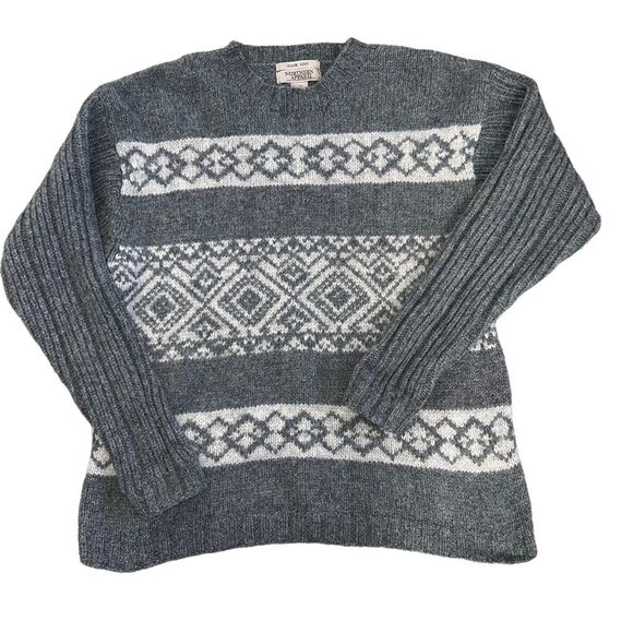 Hand Knit Northern Apparel 100% Shetland Wool Argyle Sweater Large Gray - Picture 1 of 8